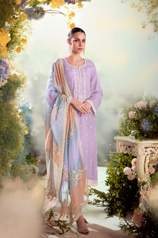 Silk Lilac Party Wear Straight Salwar Suit with Embroidery Work