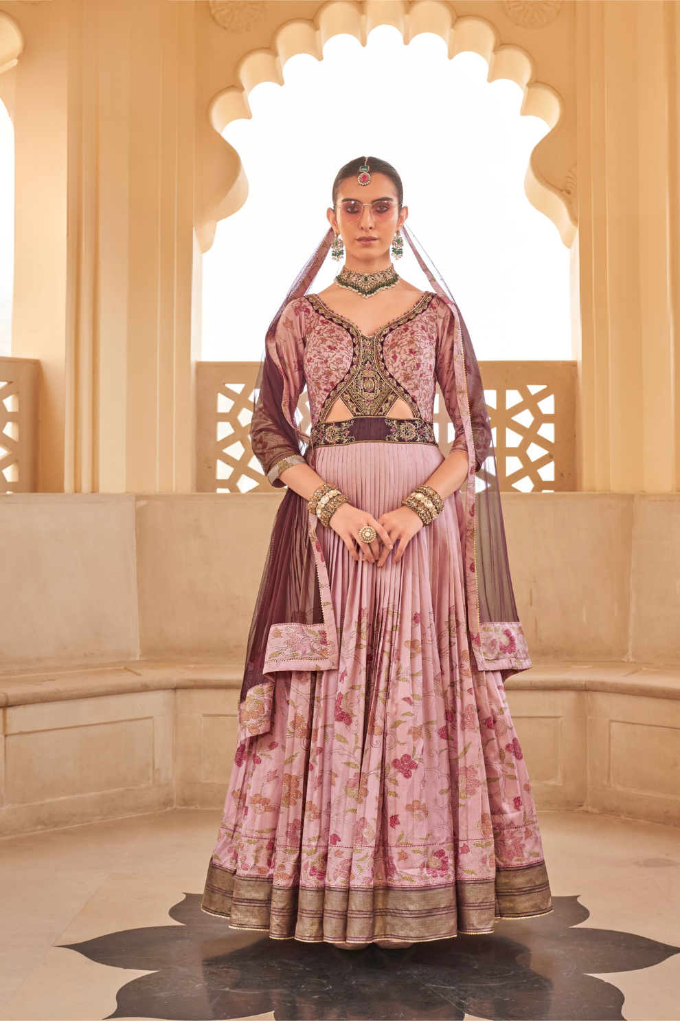 Peach Floral Printed Anarkali Dress & Men's Kurta-Coat Set – Couple Outfit
