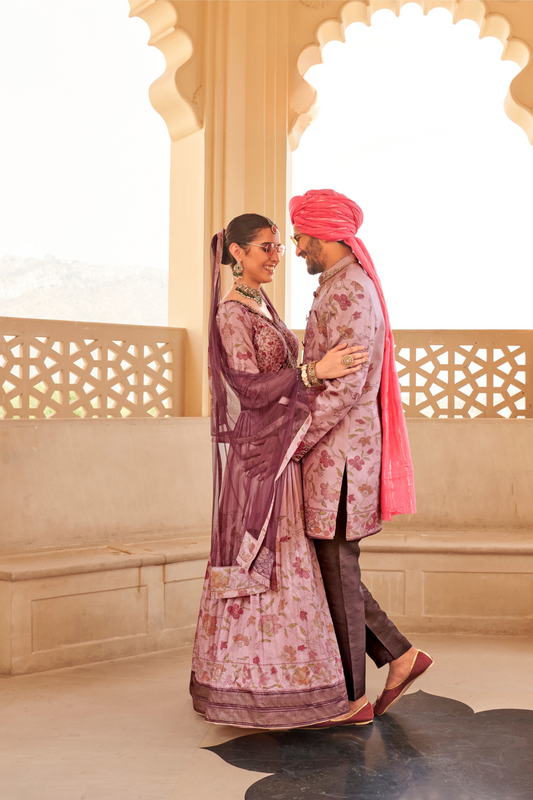 Peach Floral Printed Anarkali Dress & Men's Kurta-Coat Set – Couple Outfit