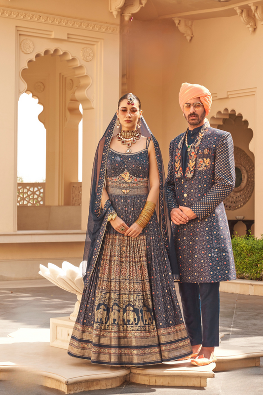 Navy Blue Anarkali Dress & Men's Kurta-Coat Set – Couple Outfit