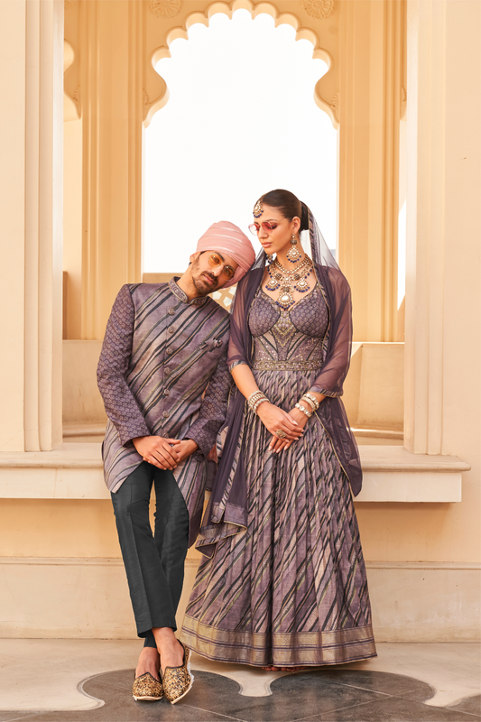 Violet Anarkali Dress and Navy Blue Printed Kurta Set for Couple