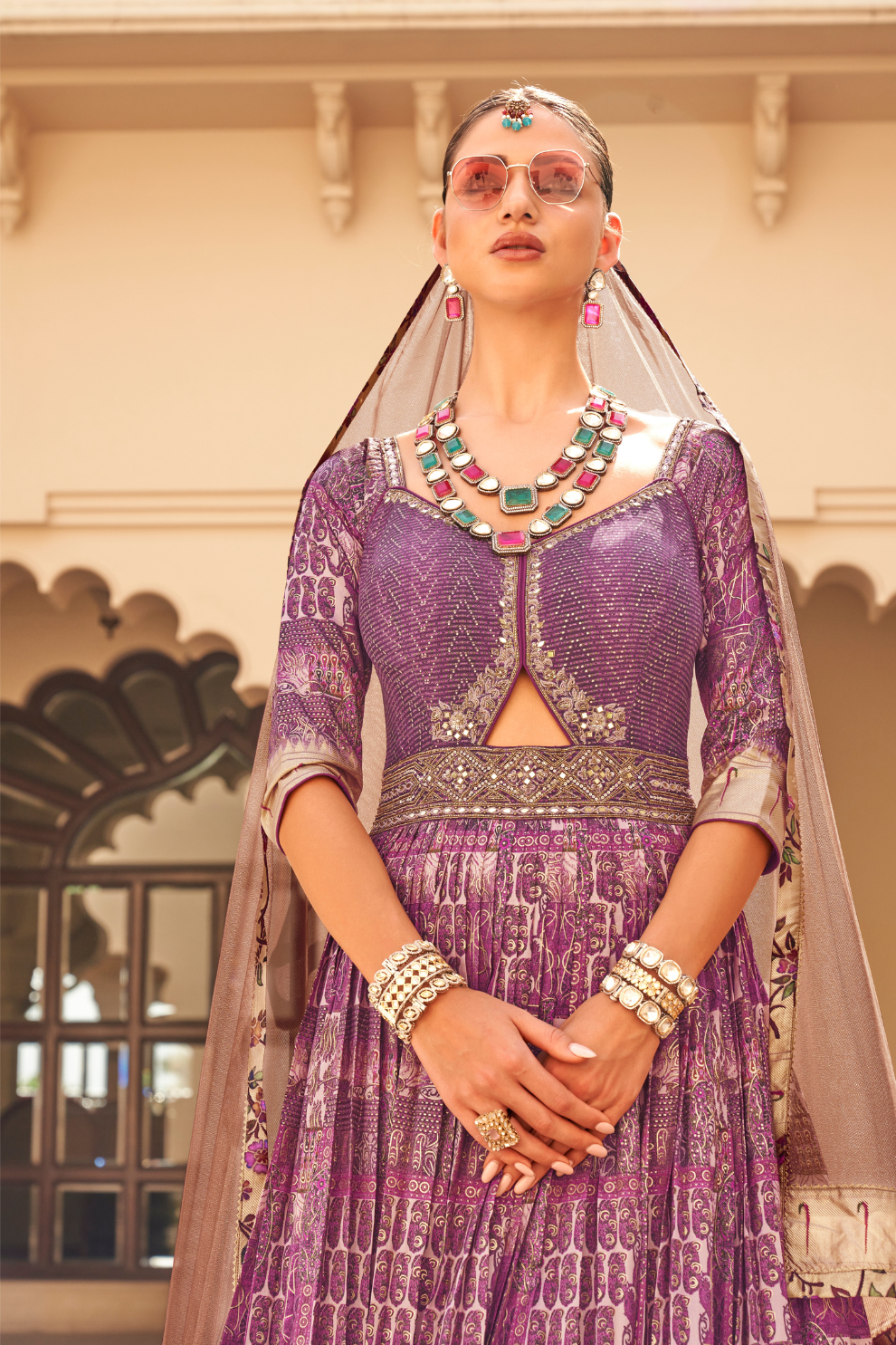 Plum Printed Anarkali Dress & Men's Kurta-Coat Set – Couple Outfit