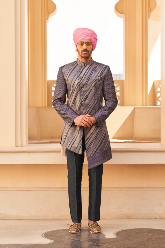 Violet Anarkali Dress and Navy Blue Printed Kurta Set for Couple