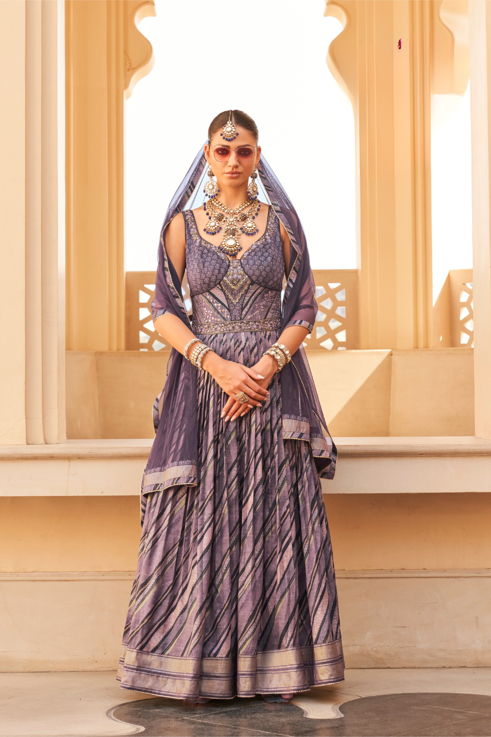 Violet Anarkali Dress and Navy Blue Printed Kurta Set for Couple