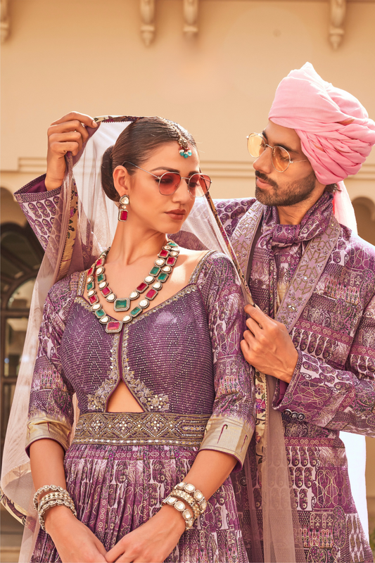 Plum Printed Anarkali Dress & Men's Kurta-Coat Set – Couple Outfit