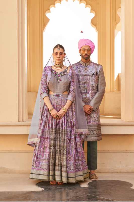 Purple Anarkali Dress and Navy Blue Printed Kurta Set for Couple