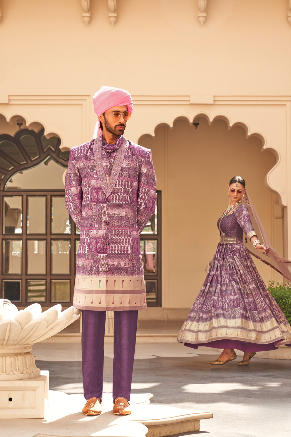 Plum Printed Anarkali Dress & Men's Kurta-Coat Set – Couple Outfit