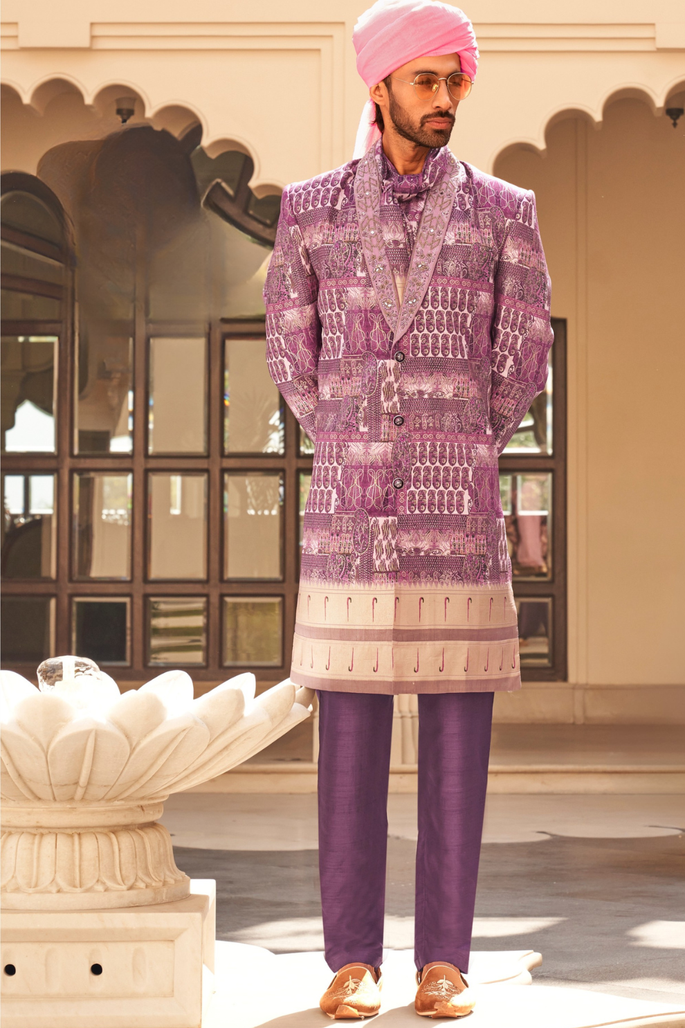 Plum Printed Anarkali Dress & Men's Kurta-Coat Set – Couple Outfit