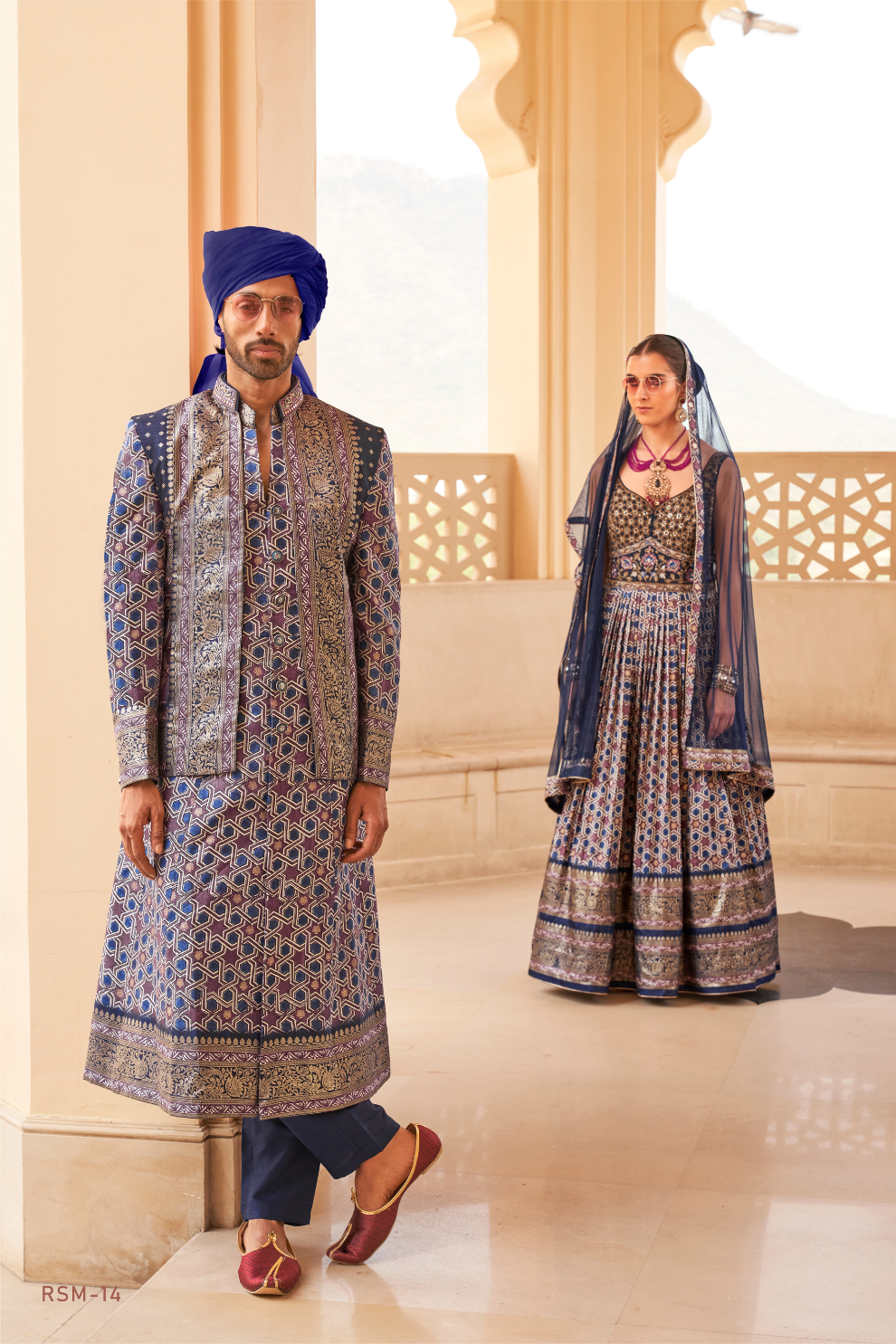 Blue Printed Anarkali Dress & Men's Kurta-Coat Set – Couple Outfit