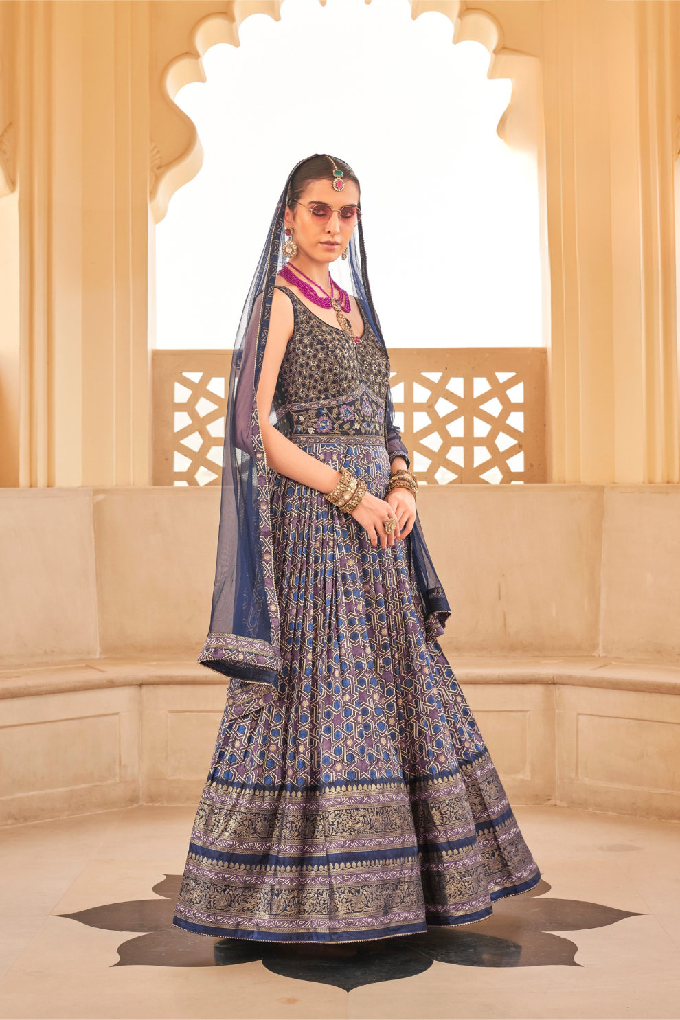 Blue Printed Anarkali Dress & Men's Kurta-Coat Set – Couple Outfit