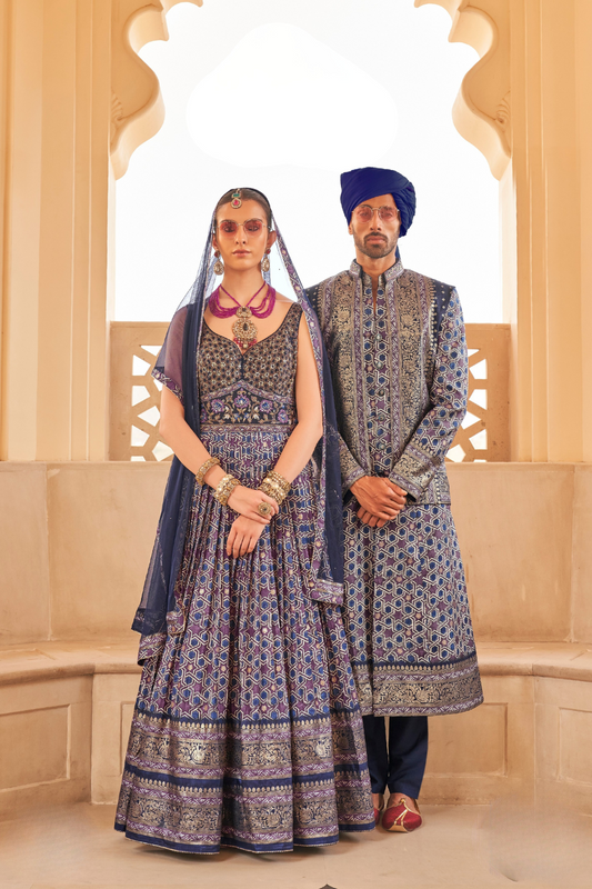 Blue Printed Anarkali Dress & Men's Kurta-Coat Set – Couple Outfit