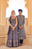 Blue Printed Anarkali Dress & Men's Kurta-Coat Set – Couple Outfit