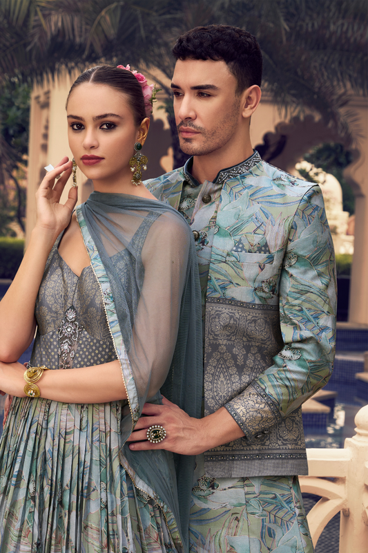 Ethnic Mint Green Printed Skirt & Kurta Jacket Set for Couple