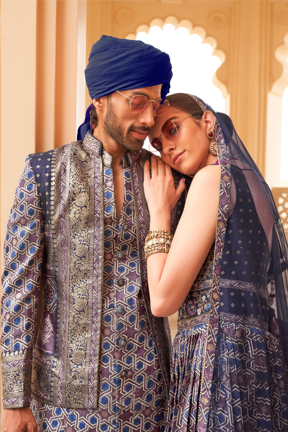 Blue Printed Anarkali Dress & Men's Kurta-Coat Set – Couple Outfit