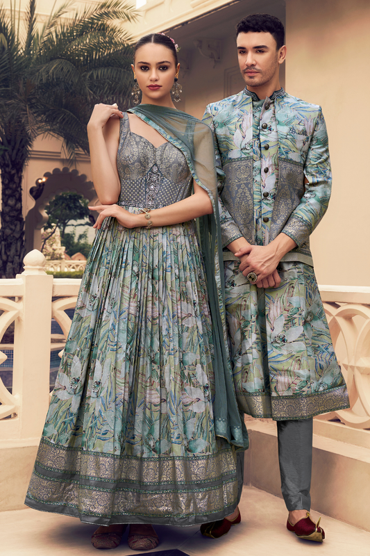 Ethnic Mint Green Printed Skirt & Kurta Jacket Set for Couple