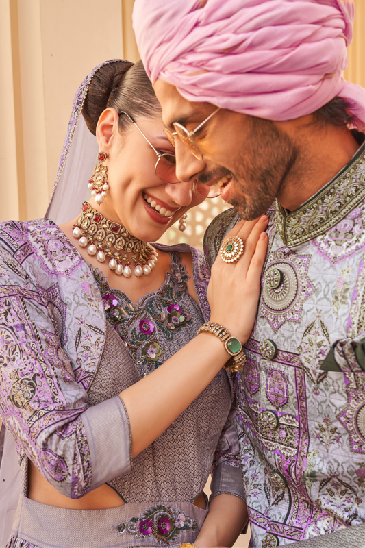 Purple Anarkali Dress and Navy Blue Printed Kurta Set for Couple