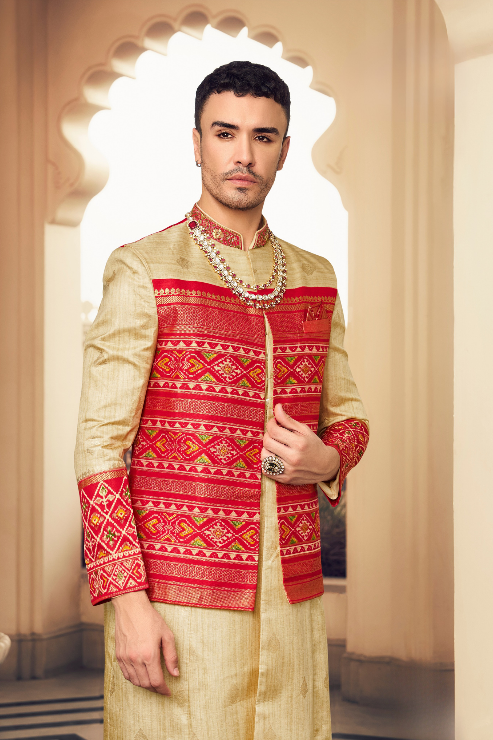 Ethnic Rani Pink Printed Skirt & Kurta Jacket Set for Couple