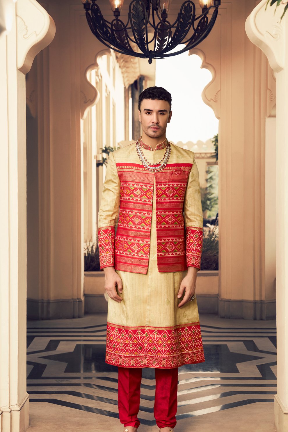 Ethnic Rani Pink Printed Skirt & Kurta Jacket Set for Couple