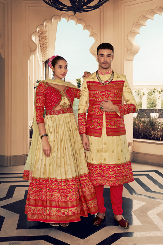 Ethnic Rani Pink Printed Skirt & Kurta Jacket Set for Couple