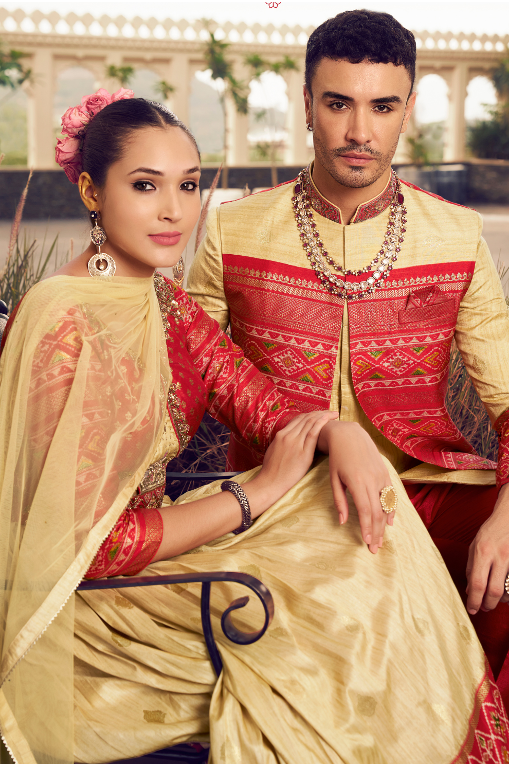 Ethnic Rani Pink Printed Skirt & Kurta Jacket Set for Couple
