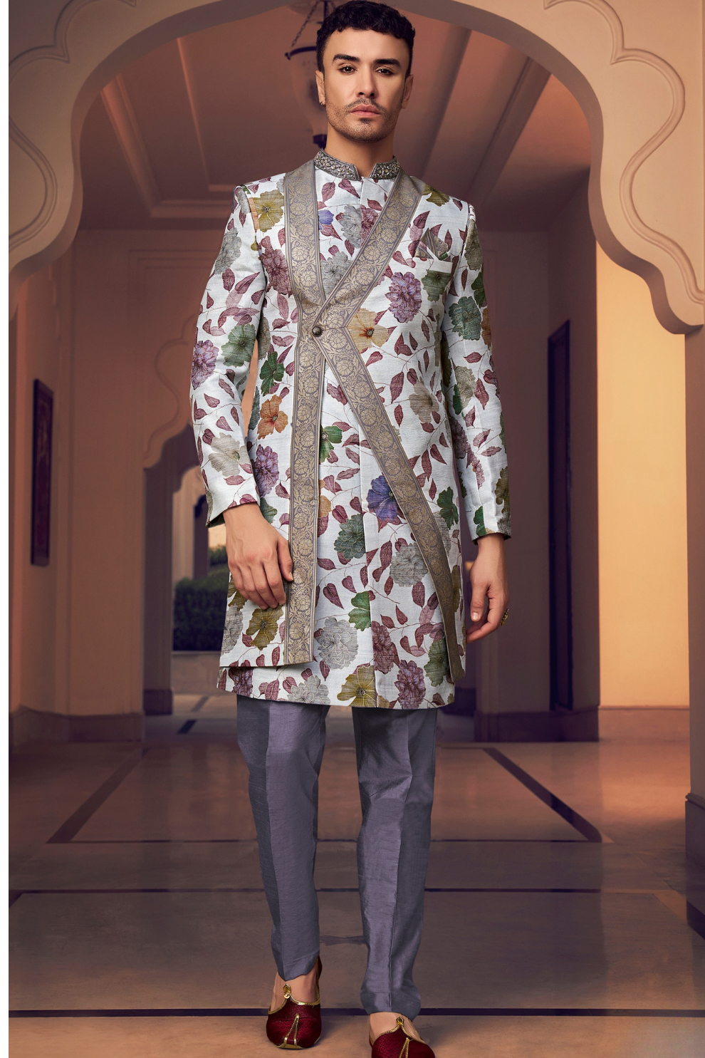 Ethnic Purple Printed Skirt & Kurta Jacket Set for Couple