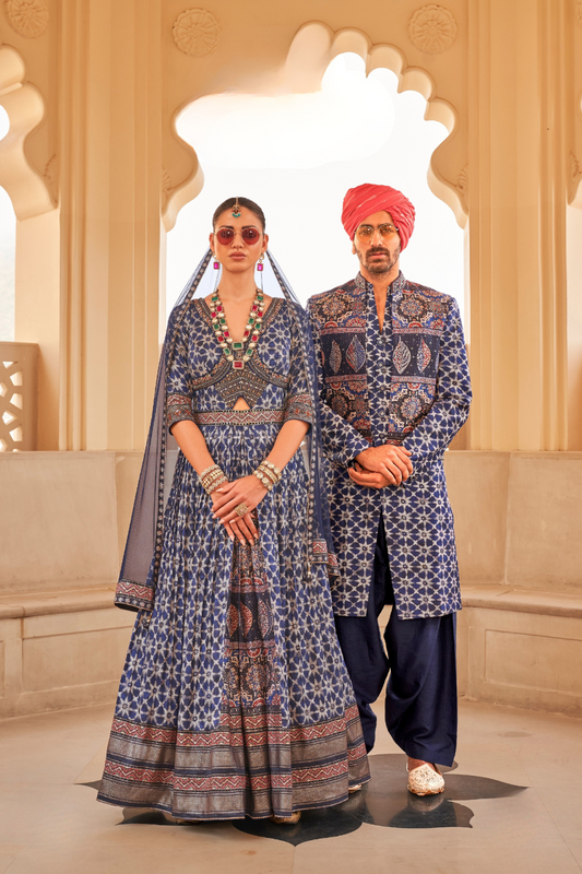 Blue Anarkali Dress and Navy Blue Printed Kurta Set for Couple