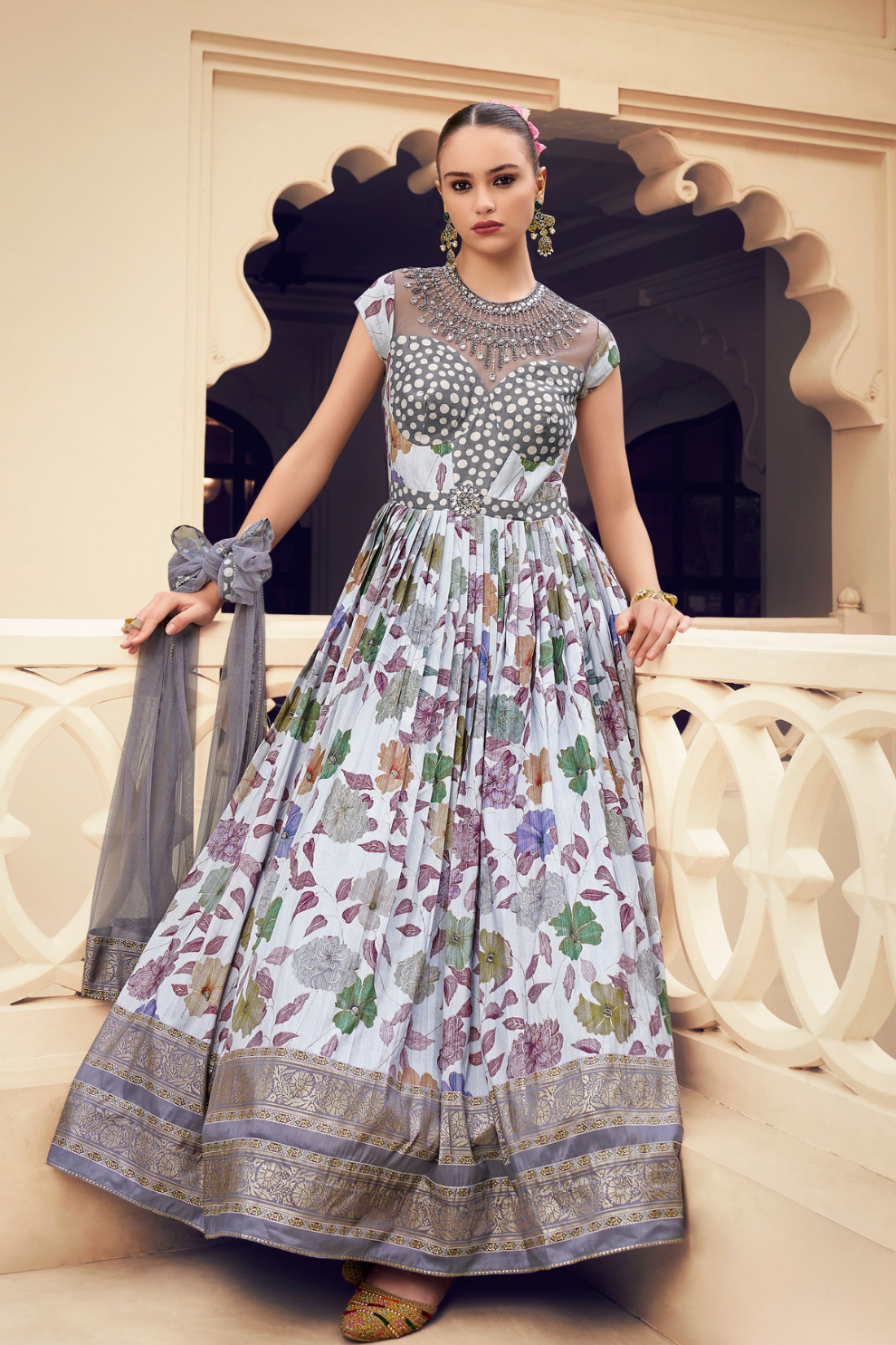 Ethnic Purple Printed Skirt & Kurta Jacket Set for Couple