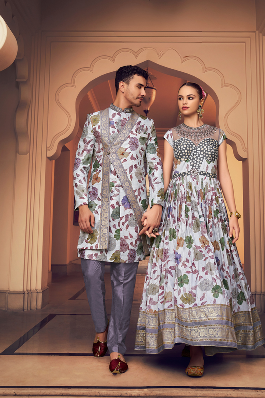 Ethnic Purple Printed Skirt & Kurta Jacket Set for Couple