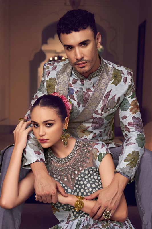 Ethnic Purple Printed Skirt & Kurta Jacket Set for Couple
