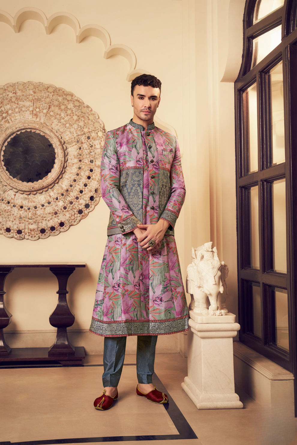 Ethnic Pink Printed Skirt & Kurta Jacket Set for Couple