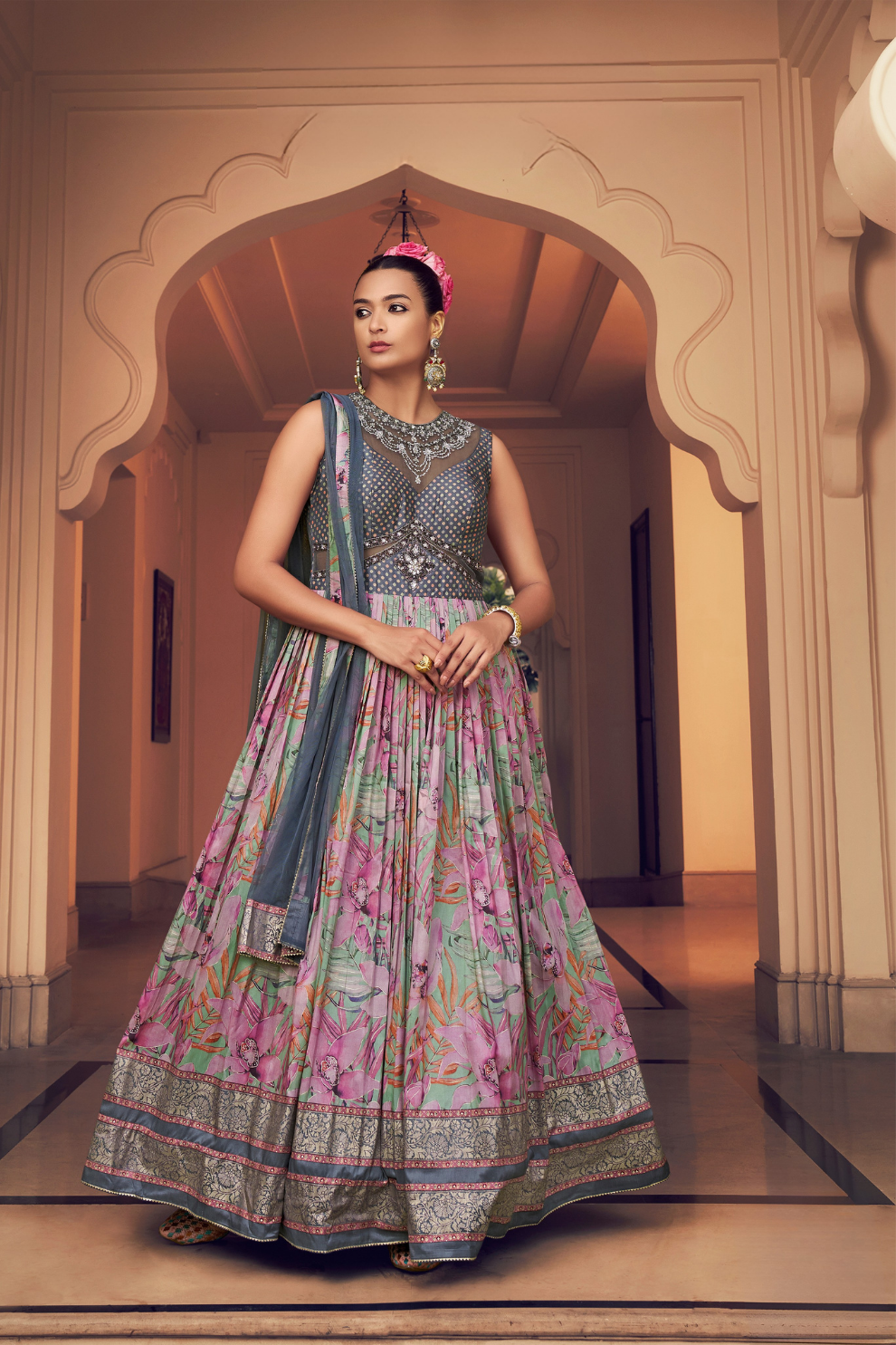 Ethnic Pink Printed Skirt & Kurta Jacket Set for Couple