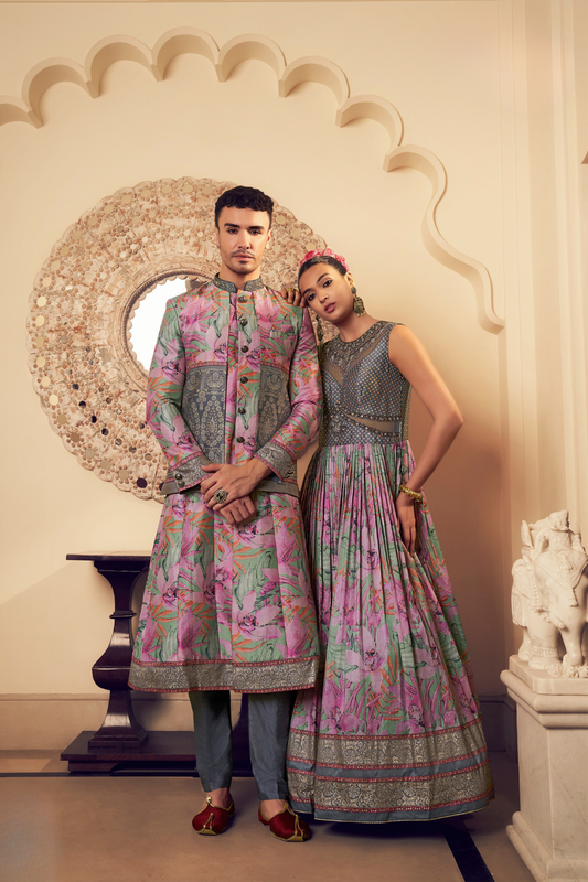 Ethnic Pink Printed Skirt & Kurta Jacket Set for Couple