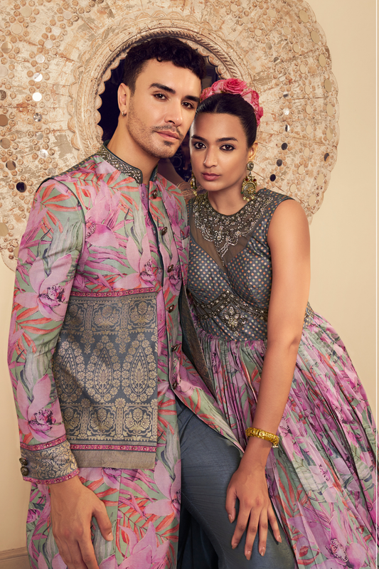 Ethnic Pink Printed Skirt & Kurta Jacket Set for Couple
