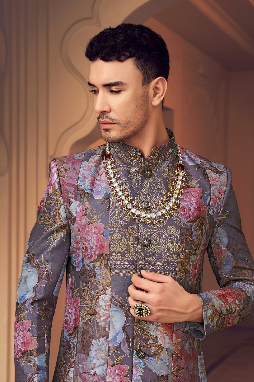 Ethnic Grey Printed Skirt & Kurta Jacket Set for Couple