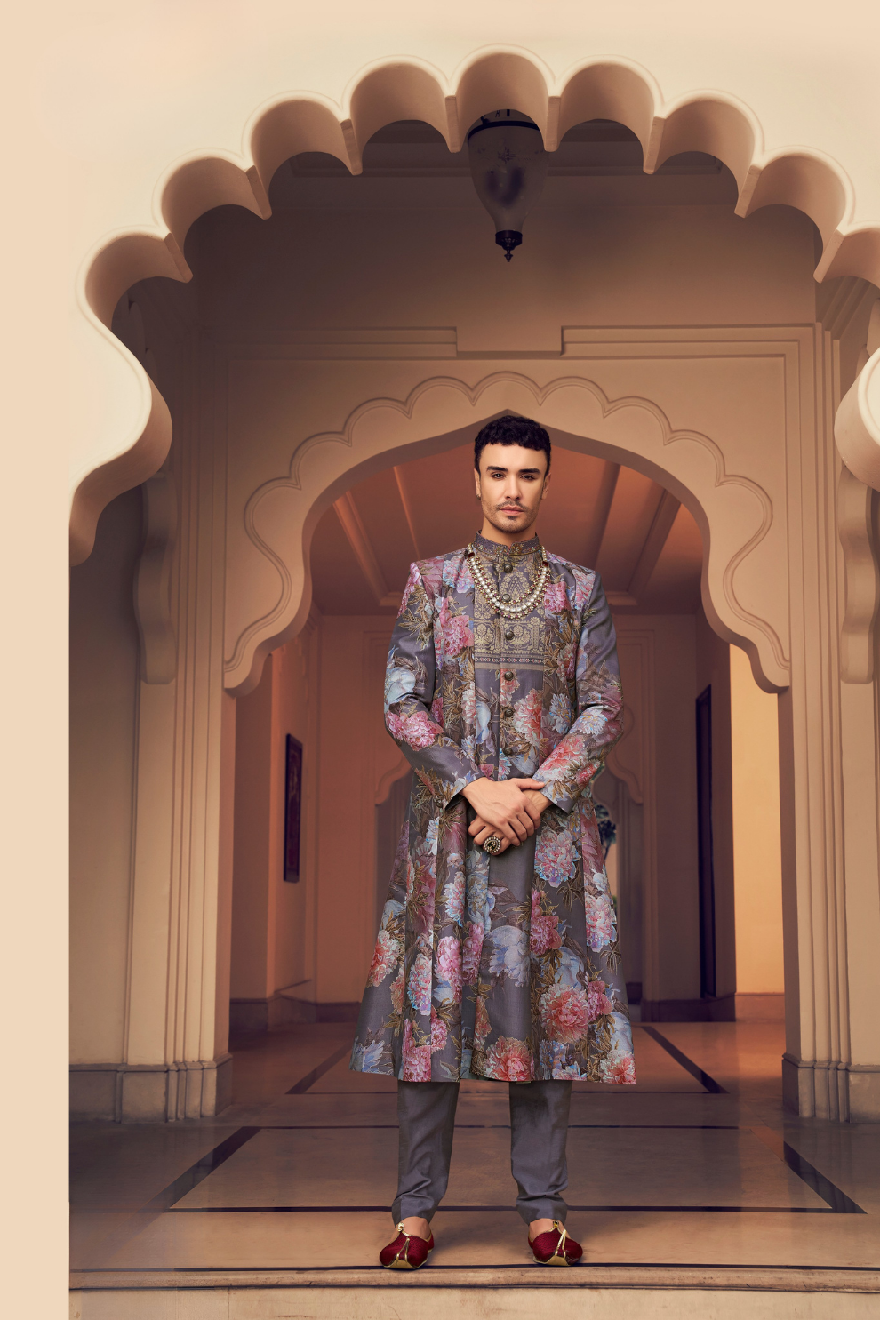 Ethnic Grey Printed Skirt & Kurta Jacket Set for Couple