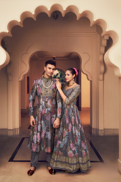 Ethnic Grey Printed Skirt & Kurta Jacket Set for Couple