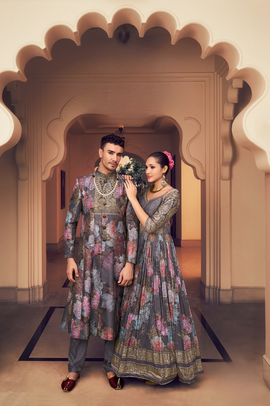 Ethnic Grey Printed Skirt & Kurta Jacket Set for Couple