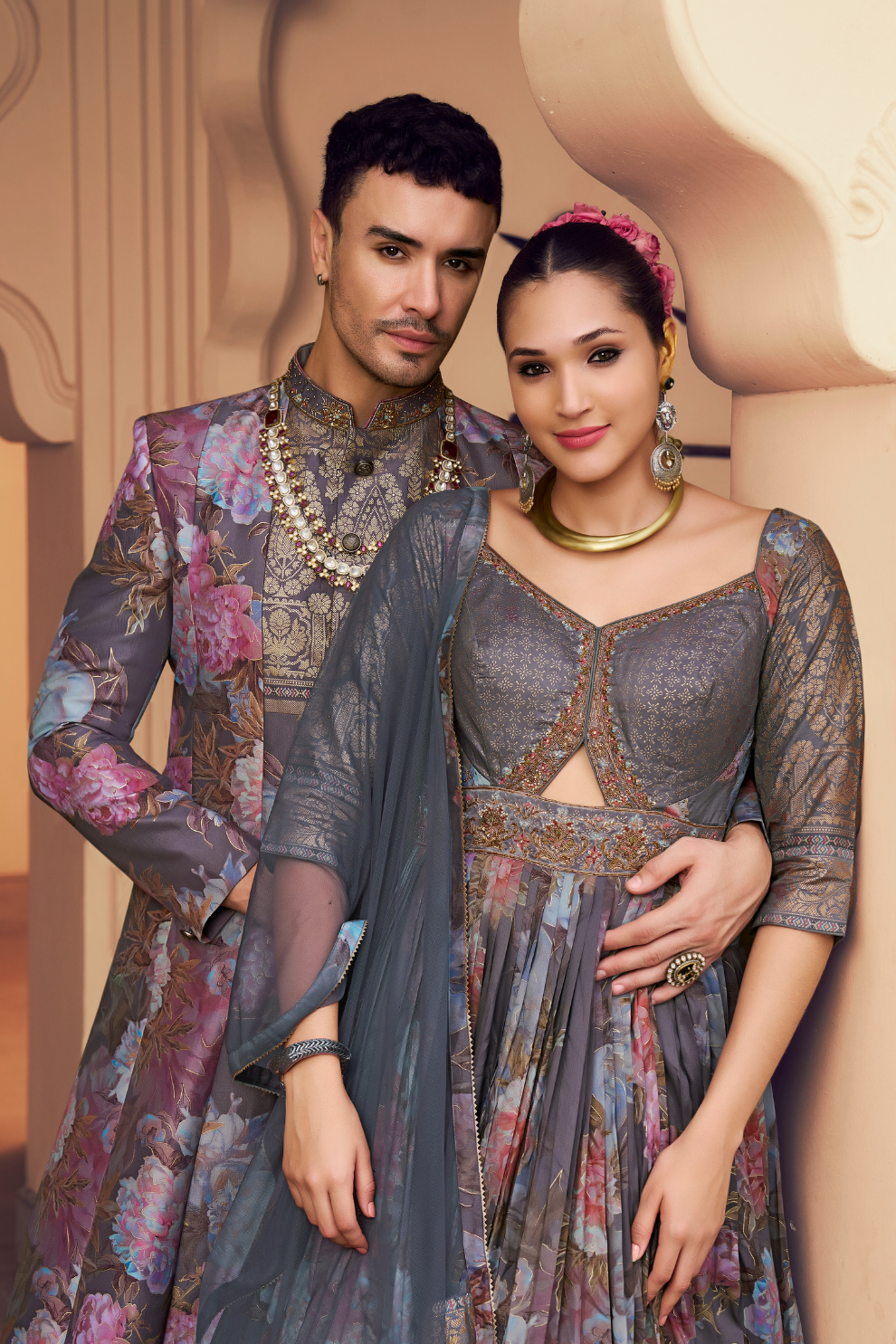 Ethnic Grey Printed Skirt & Kurta Jacket Set for Couple