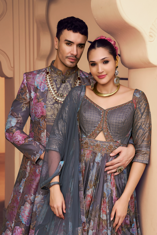 Ethnic Grey Printed Skirt & Kurta Jacket Set for Couple