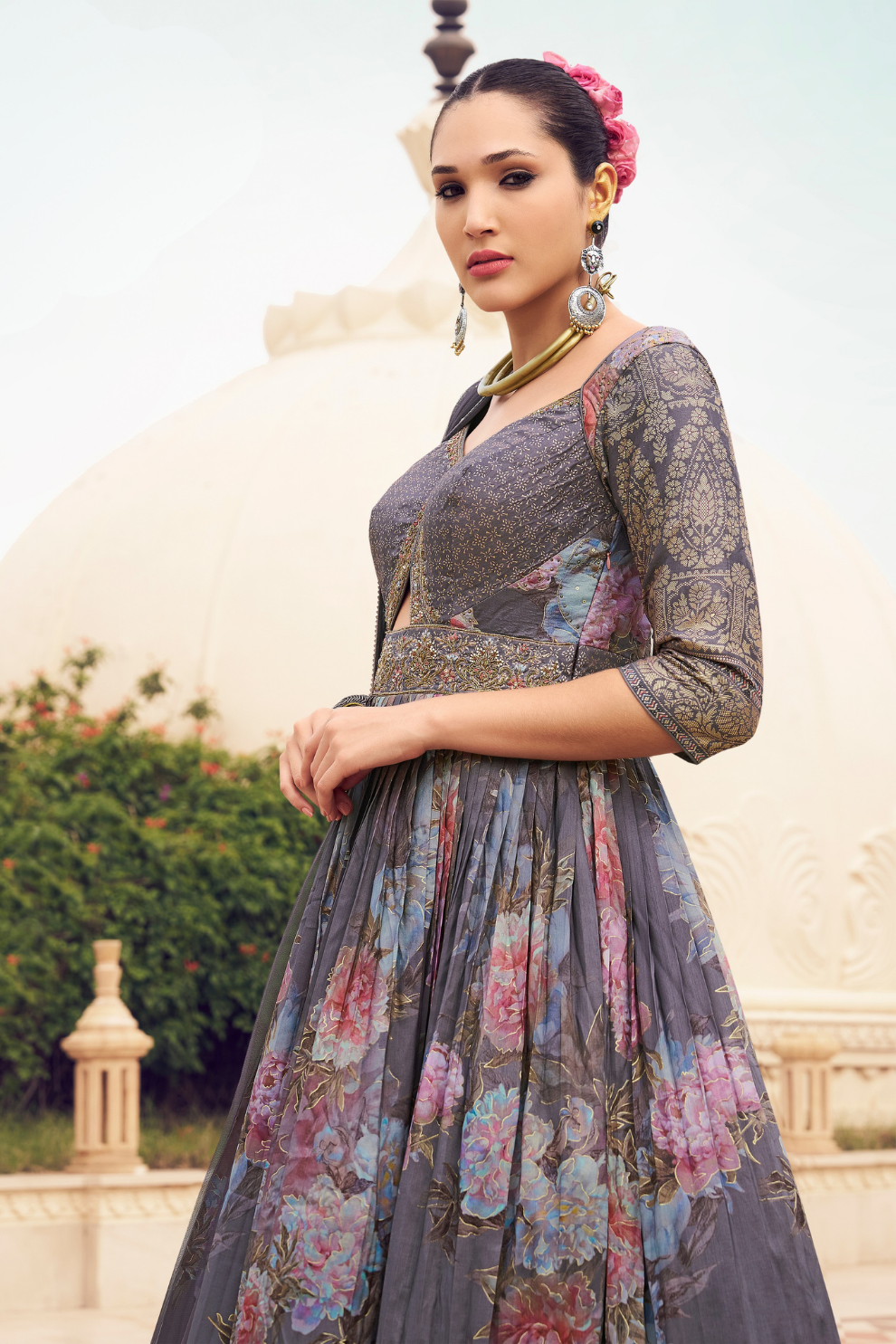 Ethnic Grey Printed Skirt & Kurta Jacket Set for Couple