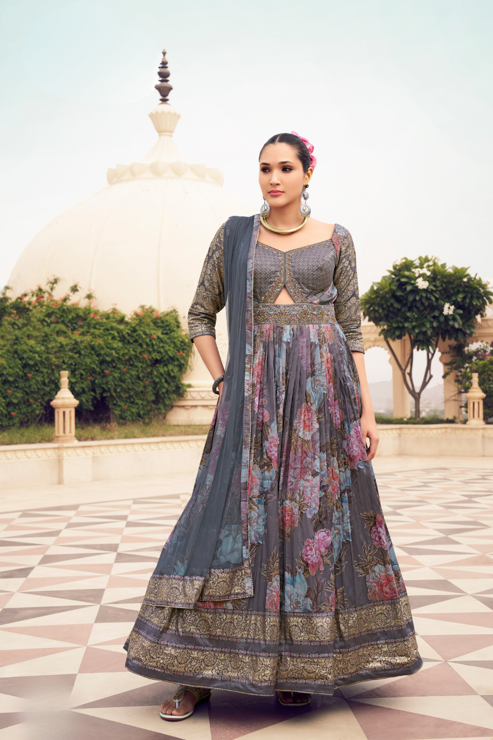 Ethnic Grey Printed Skirt & Kurta Jacket Set for Couple