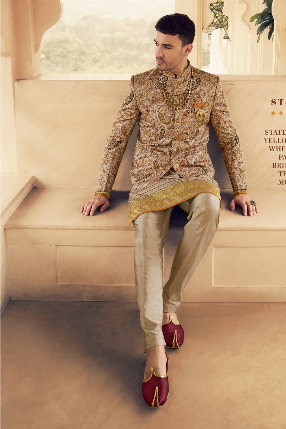 Ethnic Beige Printed Skirt & Kurta Jacket Set for Couple