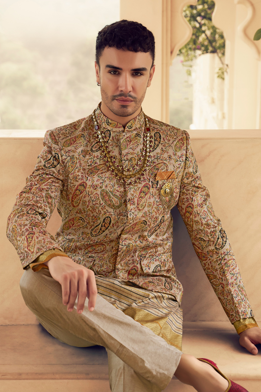 Ethnic Beige Printed Skirt & Kurta Jacket Set for Couple