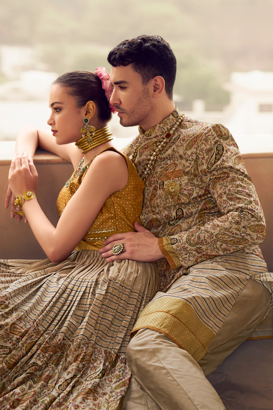 Ethnic Beige Printed Skirt & Kurta Jacket Set for Couple
