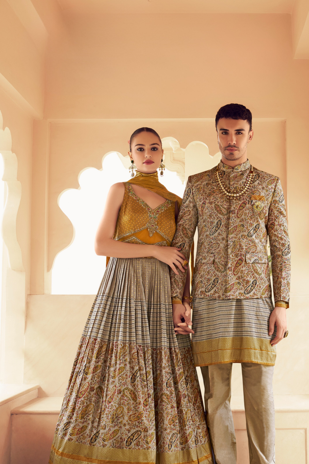 Ethnic Beige Printed Skirt & Kurta Jacket Set for Couple