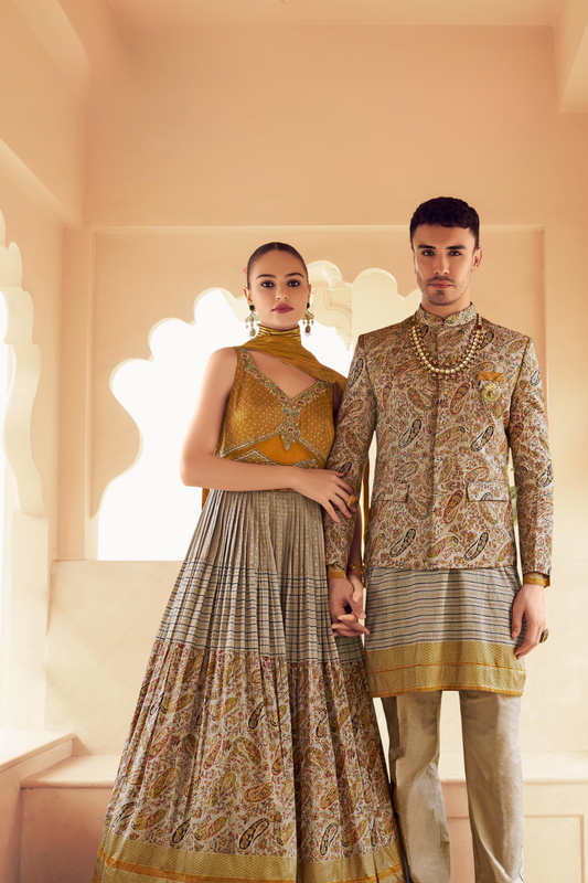 Ethnic Beige Printed Skirt & Kurta Jacket Set for Couple
