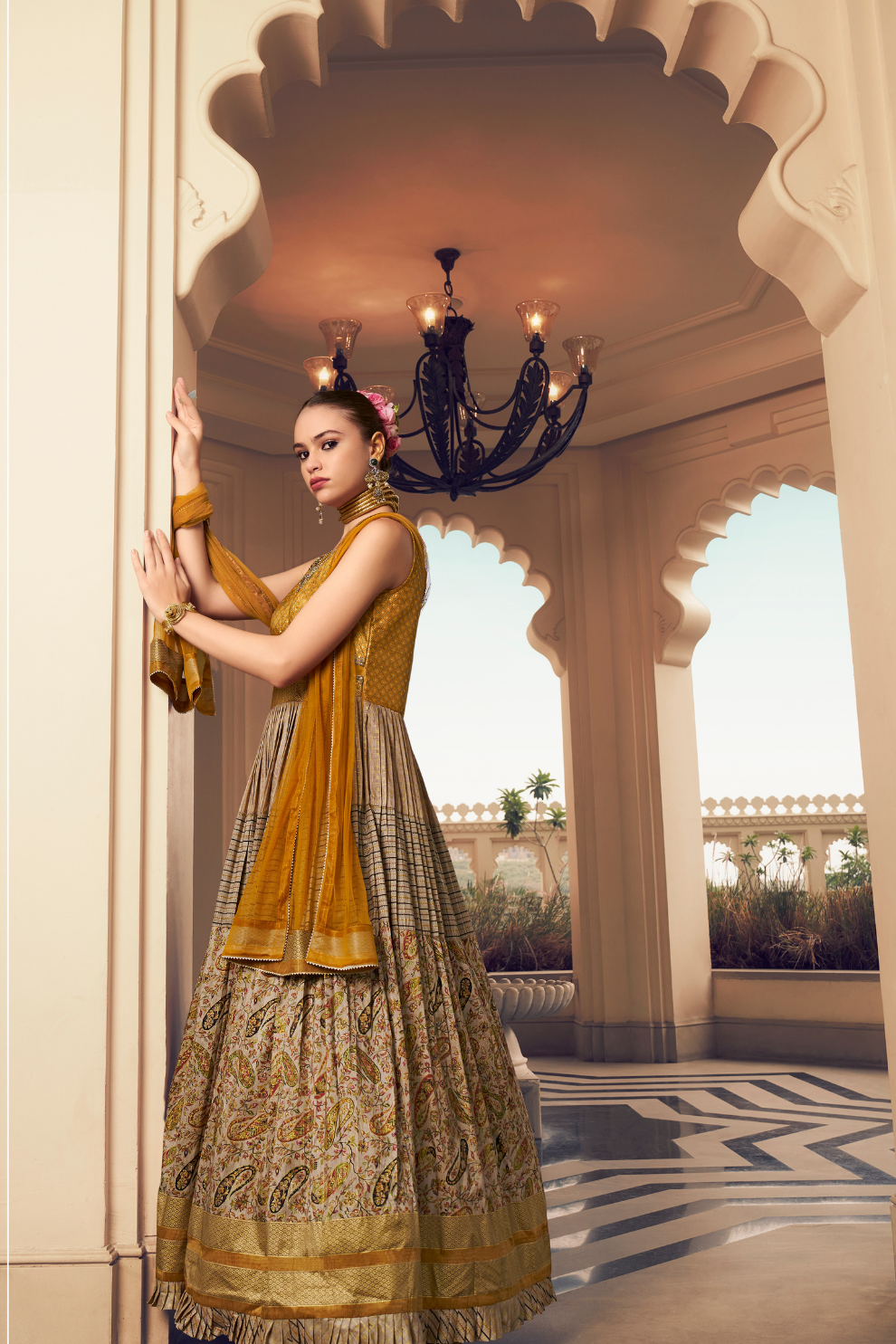 Ethnic Beige Printed Skirt & Kurta Jacket Set for Couple