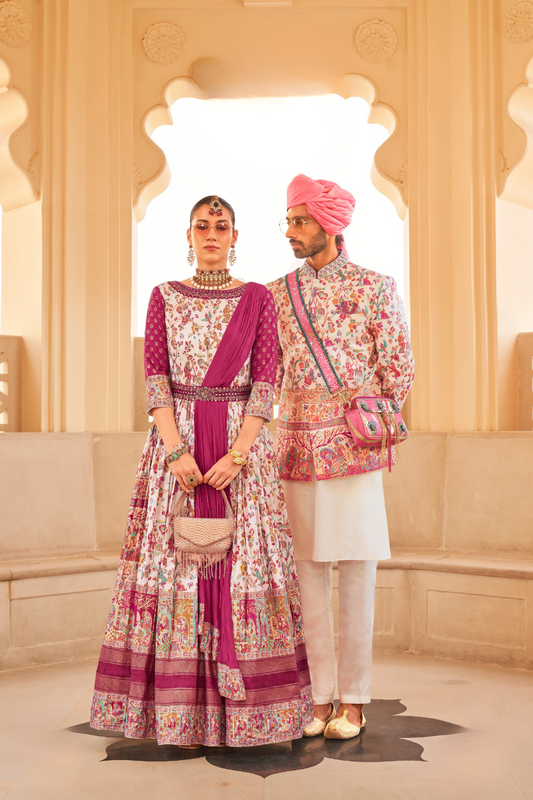 Elegant White Floral Anarkali Dress & Men's Kurta-Coat Set – Couple Outfit