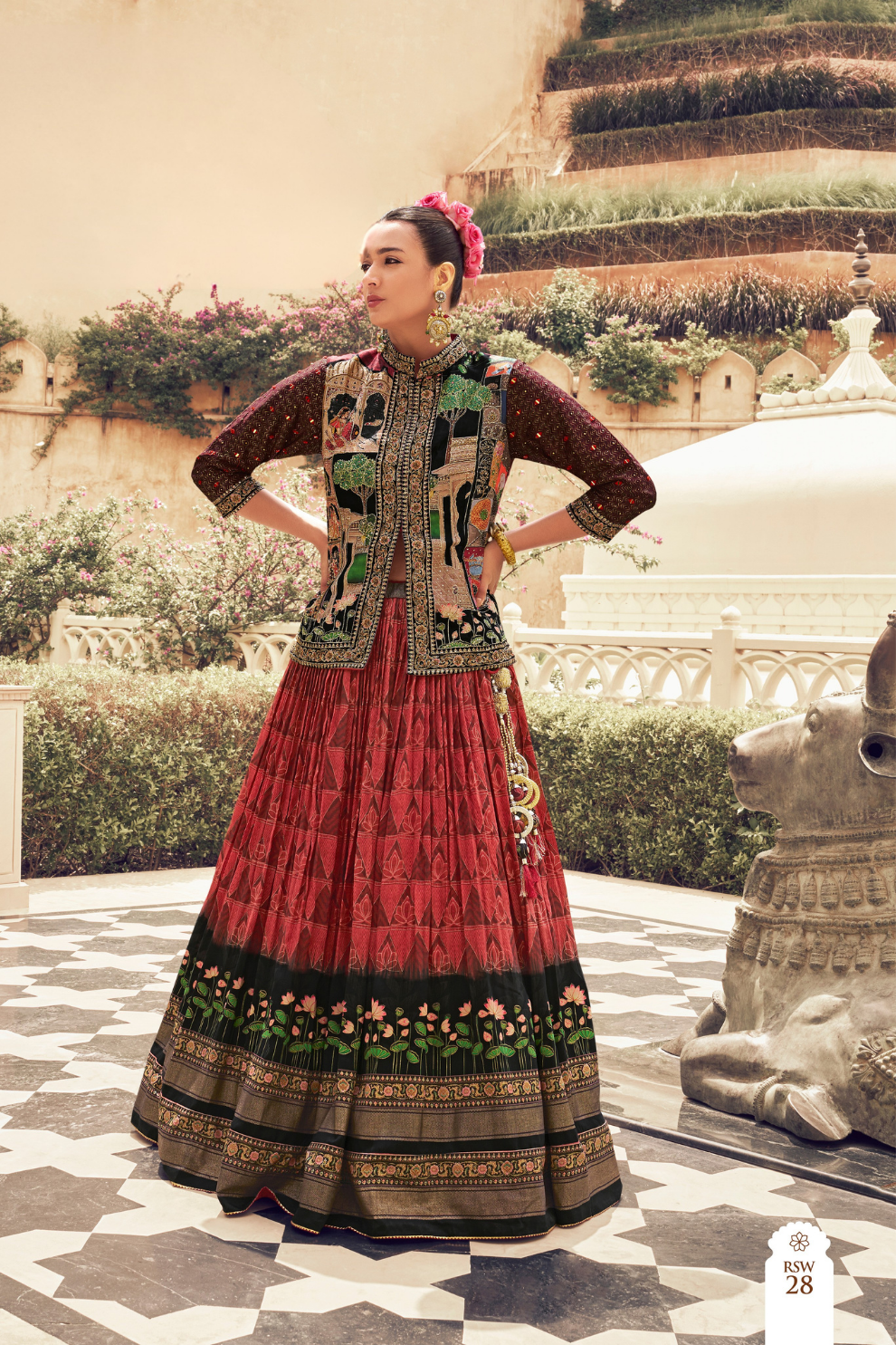 Ethnic Red Printed Skirt & Kurta Jacket Set for Couple