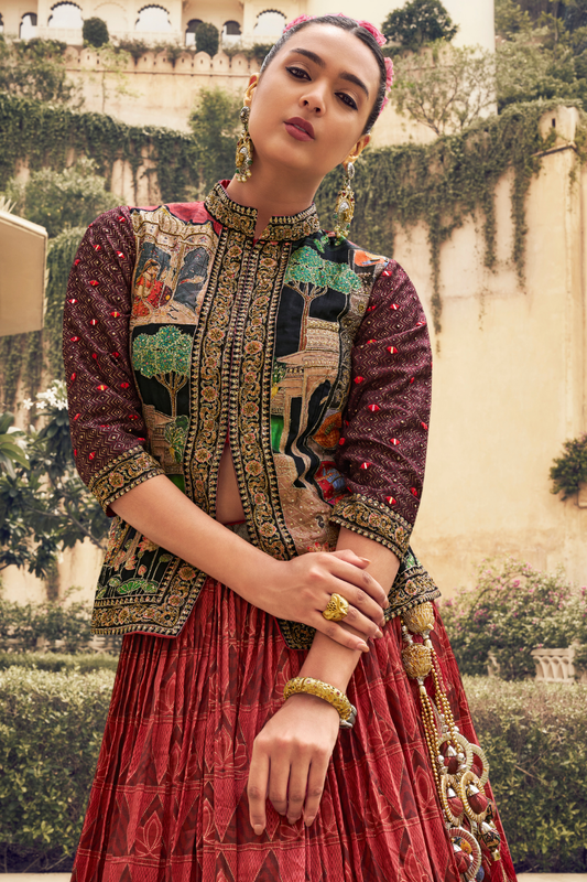 Ethnic Red Printed Skirt & Kurta Jacket Set for Couple